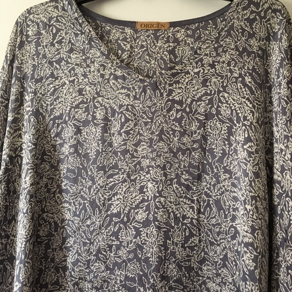 Beautiful ORIGEN Pure Silk Blue-Grey + White Print Kimono Style Mini Dress O/S - Picture 2 of 4